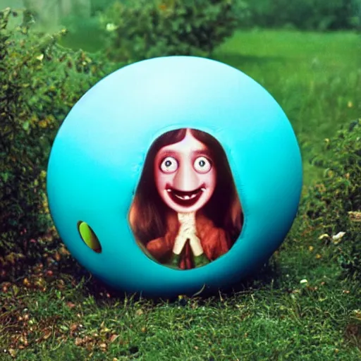 Prompt: smiling woman with an inflatable spherical prosthetic nose, cardboard googly eyes, 1 9 7 6, color, tarkovsky, medium - shot 1 6 mm film, in a garden