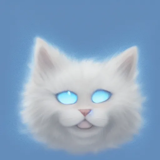 Image similar to cute kitty as a cloud, fluffy, white fur, blue eyes, pixar, concept art, digital art, painting