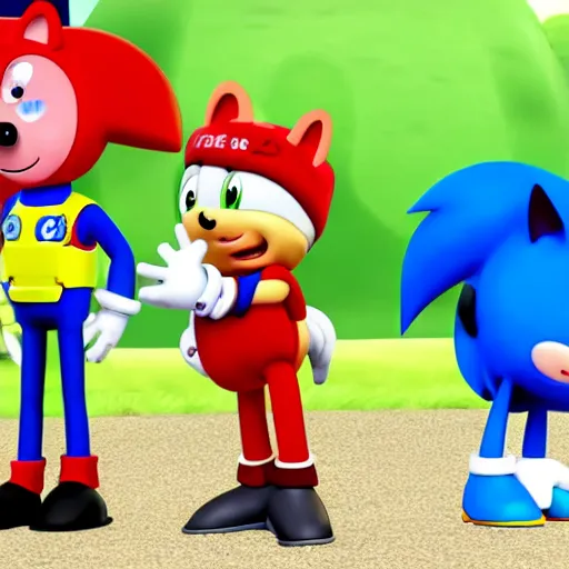 Prompt: sonic, peppa pig and the paw patrol crossover episode, cartoon network stillframe, hd,