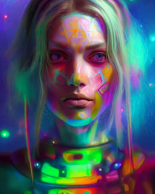 Prompt: colorful portrait of a female hippie, set in the future 2 1 5 0 | highly detailed | very intricate | symmetrical | professional model | cinematic lighting | award - winning | painted by mandy jurgens and ross tran | pan futurism, dystopian, bold psychedelic colors, cyberpunk, groovy vibe, anime aesthestic | featured on artstation