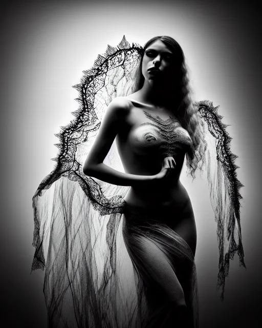 Image similar to surreal mythical dreamy dark artistic black and white fine art photo of a beautiful young female angel - mermaid - cyborg covered with translucent algae lace web, rim light, cinematic, studio dramatic light, poetic, octane render, 8 k, photo - realistic, by floria sigismondi