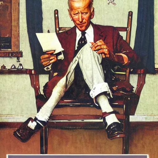 Image similar to a portrait painting by Norman Rockwell of Joe Biden sitting in a chair. Cozy fire. Legs crossed