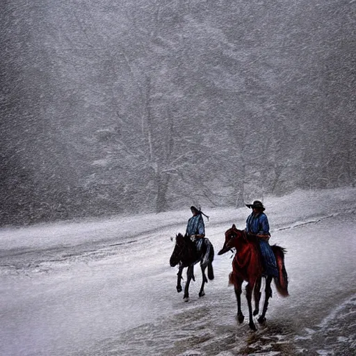 Prompt: digital art photograph savage plains indians on the warpath riding horses through a creek in a snow storm