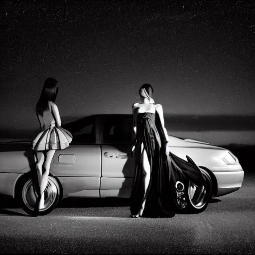 Image similar to medium format photograph with camera flash of a surreal fashion shoot on the hood of a car at night