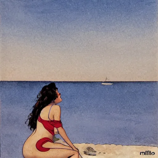 Prompt: woman on an italian beach, by milo manara