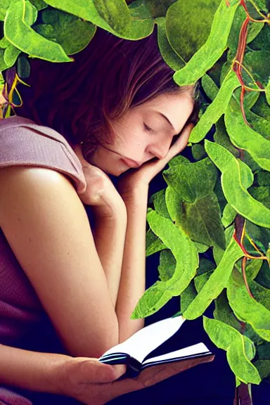 Image similar to “ very photorealistic photo of vines growing out of a woman ’ s book as she sleeps, award - winning details ”