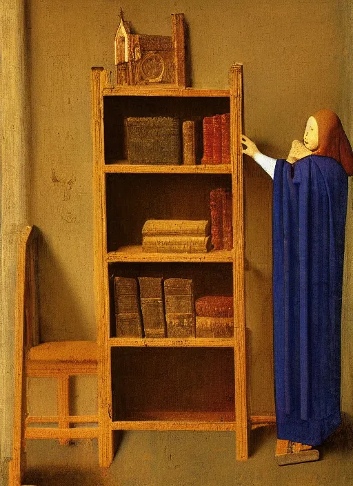 Image similar to bookshelf with books and children toys, medieval painting by jan van eyck, johannes vermeer, florence