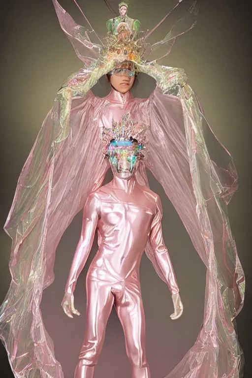 Prompt: full-body rococo and cyberpunk delicate crystalline sculpture of (((muscular slender Spanish male))) as an iridescent humanoid deity wearing a thin see-through ((plastic hooded cloak)) sim roupa, reclining con (las piernas abiertas), glowing pink face, crown of (((white lasers))), large diamonds, swirling black silk fabric. futuristic elements. oozing glowing liquid, full-length view. space robots. (((human skulls))). throne made of bones, intricate artwork by caravaggio. Trending on artstation, octane render, cinematic lighting from the right, hyper realism, octane render, 8k, depth of field, 3D