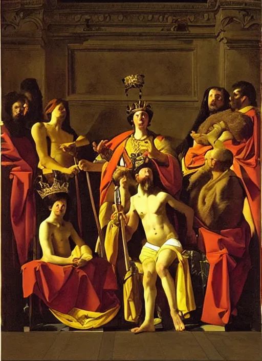 Prompt: the glorious sun king in the glorious court of france. art by georges de la tour and simon vouet, oil on canvas