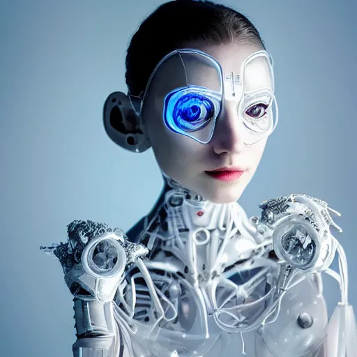 Image similar to beautiful centered fine art photo portrait of romantic beautiful girl as a solarpunk robotic humanoid, white mechanical parts with led lights, ballet pose, photorealistic, white background, highly detailed and intricate, soft box lighting, hdr 8 k