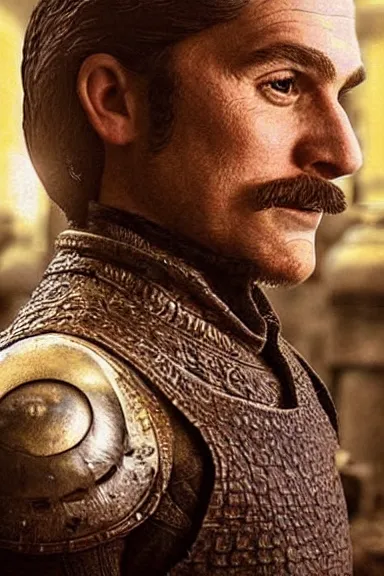 Image similar to “ very very intricate photorealistic photo of a realistic human version of super mario in an episode of game of thrones, photo is in focus with detailed atmospheric lighting, award - winning details ”