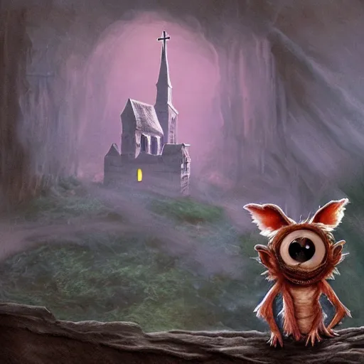 Image similar to gizmo from the gremlins movie!!!!!!!! standing on a cliff overlooking a small, quaint, and foggy town being overrun by gremlins, burning church in the center of town, fantasy, dramatic, dramatic lighting, highly detailed, extremely professional digital painting, law of thirds, artstation, concept art, smooth, sharp focus, illustration, by alena aenami and bernardo bellotto, octane render