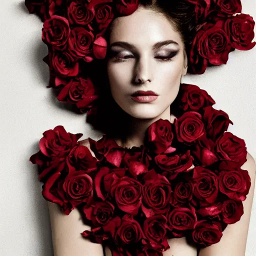 Prompt: a fashion photo of a beautiful model, a bed of roses, by ted gibson, jen atkin, tom eerebout, elizabeth saltzman, peter lindbergh, tim walker, symmetry, full face, studio lighting, dlsr,