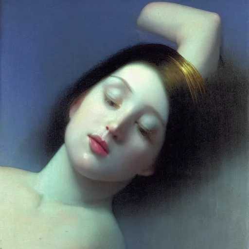 Image similar to a young woman's face in flowing sheets of cobalt blue gold chrome silver satin, by ivan aivazovsky syd mead moebius roger dean donato giancola michael whelan yoshitaka amano jan de heem pieter claesz paul delaroche alma tadema aelbert cuyp willem claesz isaac levitan, hyperrealistic volumetric light render