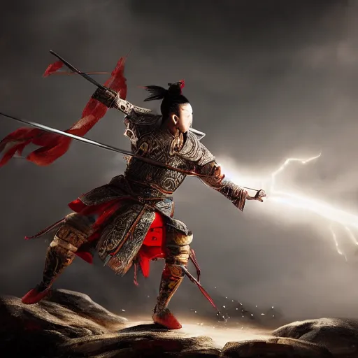 Image similar to ancient ink painting of a chinese warrior in clothes with a broadsword, hejump and hit the chinese dragon down hard, dark cloud and lightning on the grounddramatic lighting, cg, whole body, extremely detailed, octane render, 8 k, sophisticated