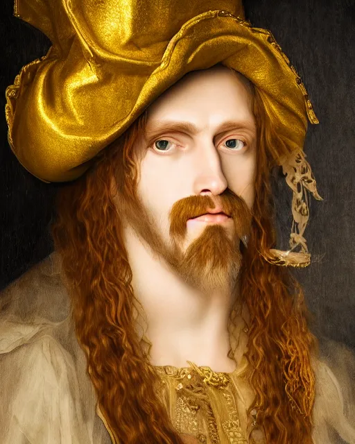 Image similar to realistic portrait of a mysterious pirate made of gold in silky clothes with long golden hair, detailed, 1 4 5 0, delicate, hyper realism, ultra realistic, 8 k