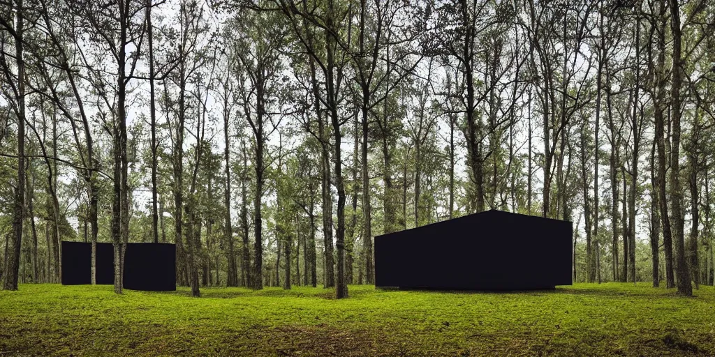 Prompt: a black cube minimalist house in the woods and empty woods, 8k, fantasy, hyper realistic, dramatic lighting, cinematic in ispahan