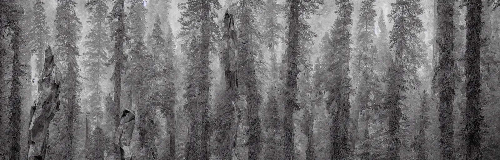 Image similar to to fathom hell or soar angelic, just take a pinch of psychedelic, medium format photograph of two colossal minimalistic necktie sculpture installations by antony gormley and anthony caro in yosemite national park, made from iron, marble, and limestone, granite peaks visible in the background, taken in the night