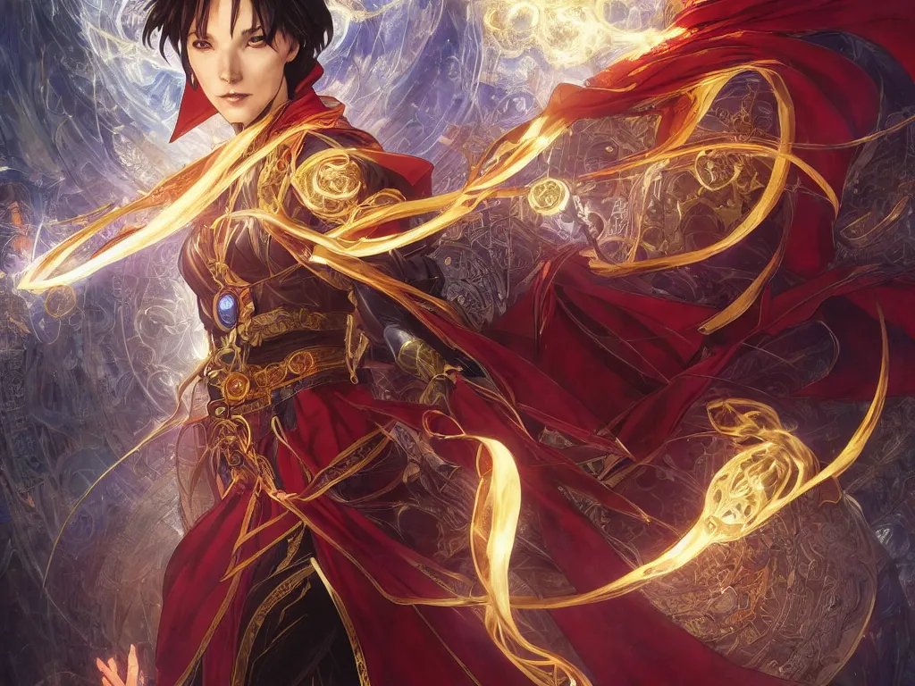 Image similar to anime key visual of one beautiful female doctor strange, marvel comics, spells, magic, intricate, inside magical temple stunning, highly detailed, digital painting, artstation, smooth, hard focus, illustration, art by artgerm and greg rutkowski and alphonse mucha