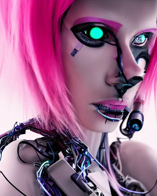 Image similar to portrait of a beautiful australian woman with pink hair as a cyberpunk cyborg half robot, revealing wires and electronics, sci - fi, missing panels, intricate abstract upper body intricate artwork, concept art, octane render, deviantart, cinematic, key art, hyperrealism, iridescent accents, portrait photograph, nikon 3 5 mm, photograph by greg rutkowski