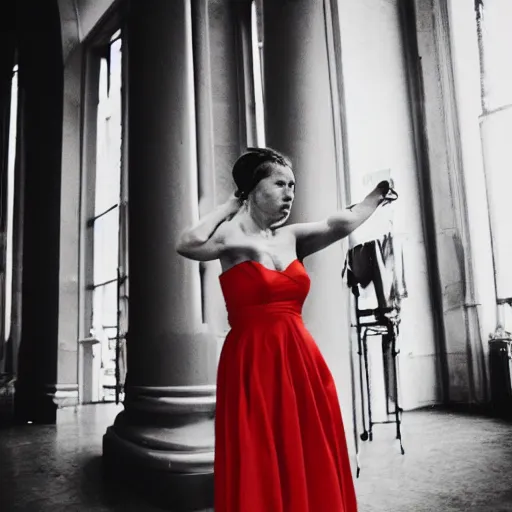 Prompt: woman in the red dress is slow dancing in the burning room, realism, photo-realism, hyper-realism, leica 35mm