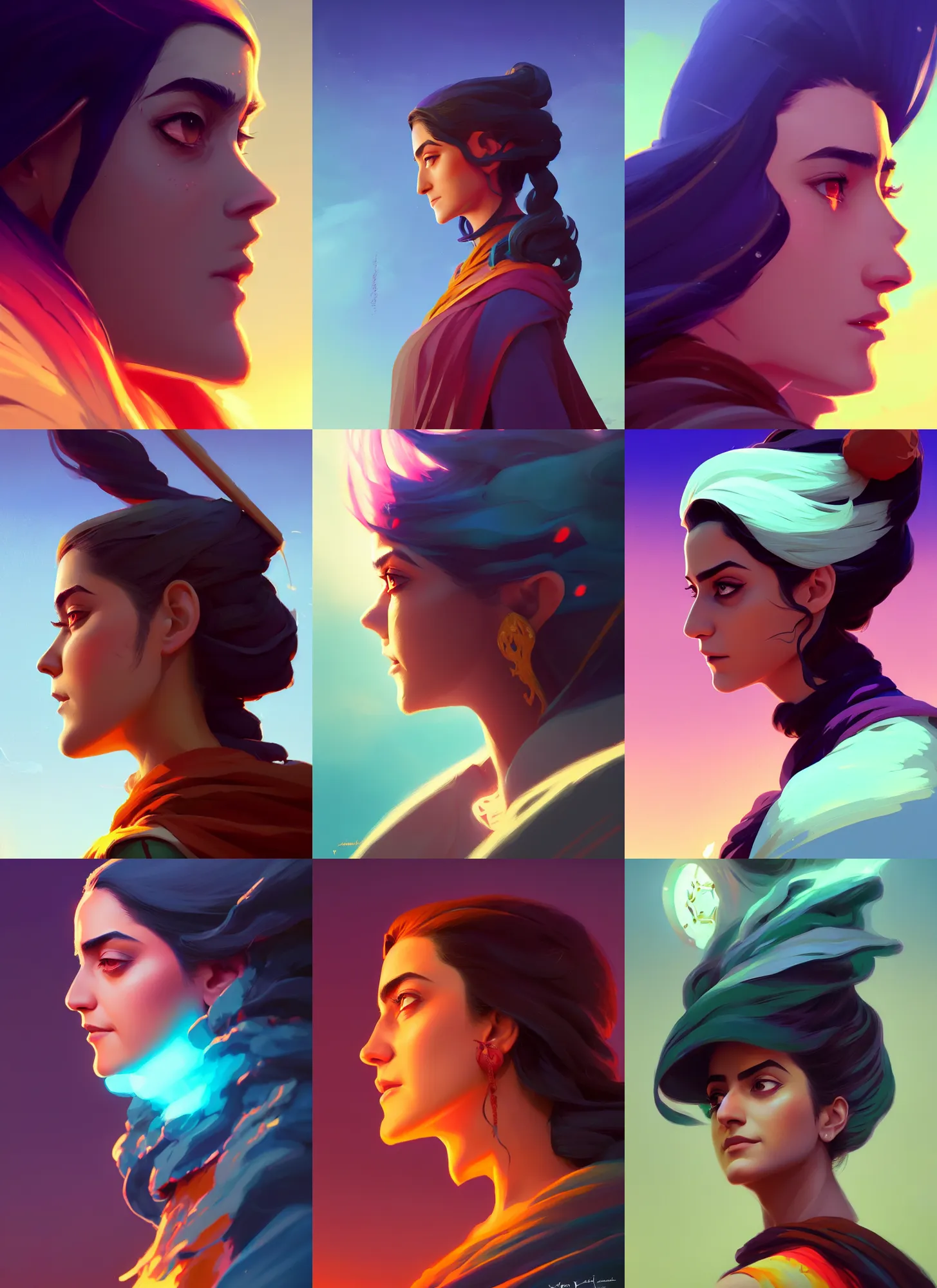 Image similar to side profile centered painted portrait, Maya Ali as a wind sorcerer, D&D, matte painting concept art, beautifully backlit, official fanart, colourful, by and ilya kuvshinov and Cushart Krentz and Gilleard James, 4k, HDR, Trending on artstation, Behance, award winning