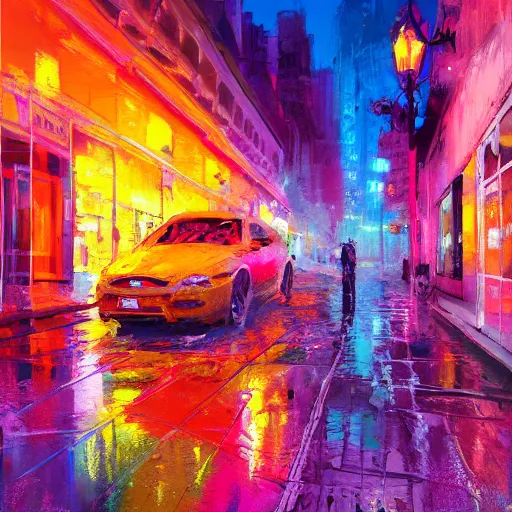 Image similar to acrylic painting, impressionism and expressionism, strong emotional impact, bold pastel colors, expressive brushstrokes, puddles, an art deco streetscape lined with beautiful flowers, by liam wong and tyler edlin, trending on artstation