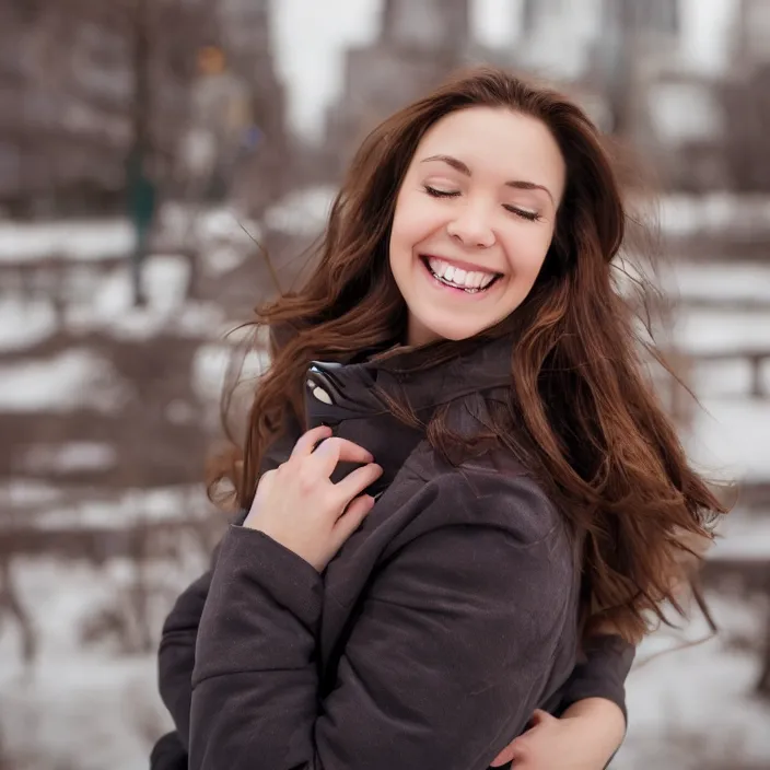 Prompt: a beautiful girl from minnesota, brunette, joyfully smiling at the camera with her eyes closed. thinner face, irish genes, dark chocolate hair colour, wearing university of minneapolis coat, perfect nose, morning hour, plane light, portrait, minneapolis as background. in her early 3 0