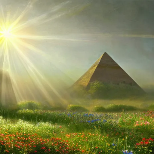 Prompt: rhythmic interval tectonic surfaces as resonant waves of harmonic organic mystical megastructure crystal lattice pyramid architectures exploding with light and god rays in a meadow full of wildflowers by albert bierstadt, by glen small, by giovanni battista piranesi, photorealistic, god rays, octane render, depth of field, volumetric light, volumetric fog, holy spirit