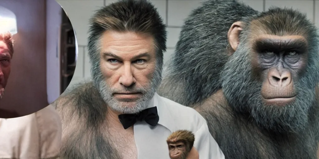 Image similar to ultra wide angle photo of alec baldwin dressed as blake, from glengarry glenn ross, looking at himself in a bathroom mirror and seeing his reflection as a hairy australopithecines like ape version of himself