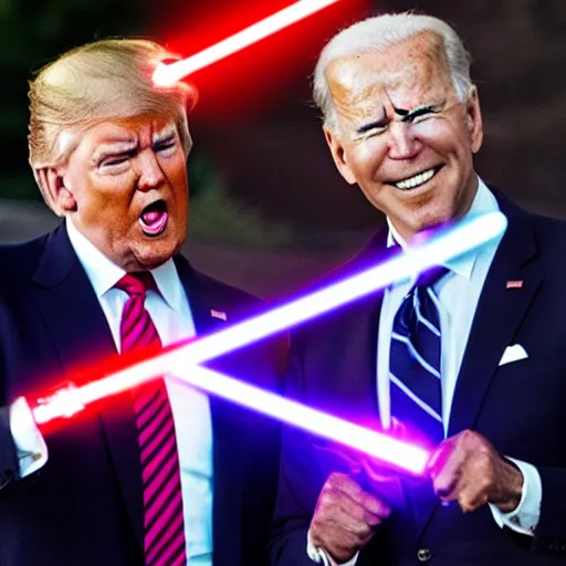 Prompt: trump and Biden having an epic lightsaber fight on the white House lawn. Cinematic, sparks flying, grimaces