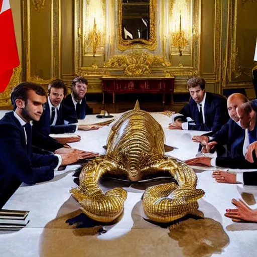 Image similar to Emmanuel Macron having a meeting with antropomorphic reptiles, antropomorphic reptiles, dramatic lighting, photography, masterpiece