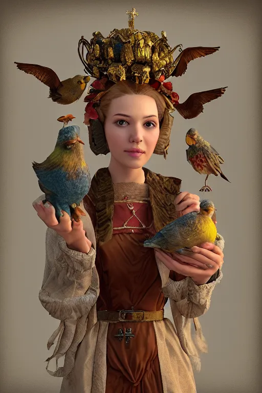 Prompt: zoom in 3 d render of english princess holding birds, ornaments, church, altar, dieselpunk, solarpunk, artstation, andrei riabovitchev