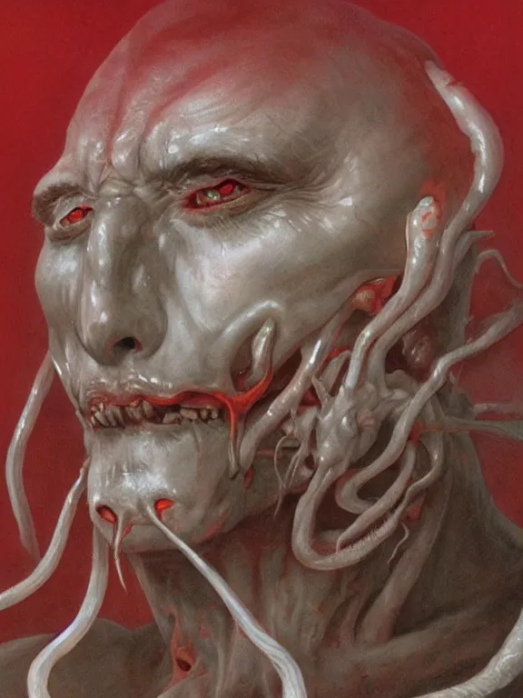 Image similar to painting by wayne barlowe of a flying sorrowful looking severed human head with tears running down it's eyes, face that is chalk white in color, with long sprawling white tentacles stemming down it's neck, fiery scorching red eyes, flying in a terrying hellish dark cavernous place