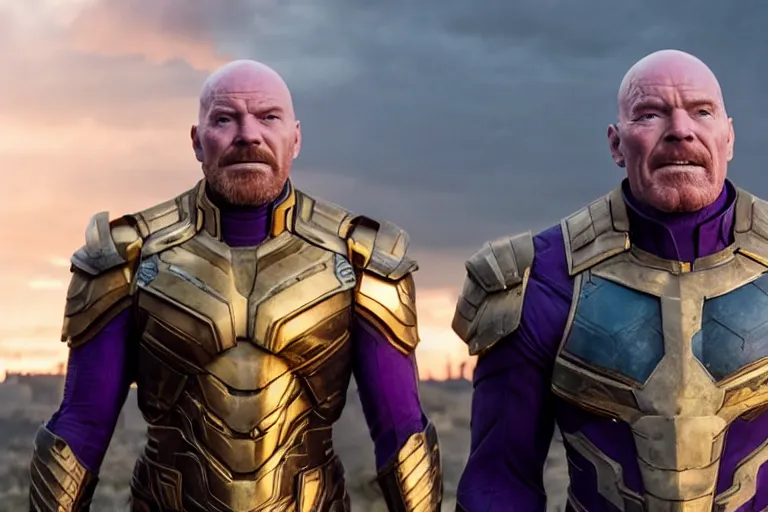 Prompt: promotional image of bald Bryan Cranston as Thanos in Avengers: Endgame (2019), purple skin color, golden plate armor, stern expression, movie still frame, promotional image, imax 70 mm footage