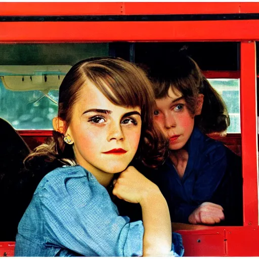 Image similar to Emma Watson driving a school bus full of Emma Watsons, Norman Rockwell