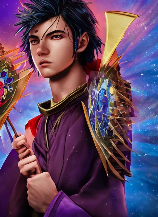 Image similar to An epic fantasy comic book style portrait painting of teenager boy with straight indigo hair, purple eyes with red eye markers, slim body, wearing a detailed Japanese kimono with golden armor pieces, holding a pair of fans. Unreal 5, DAZ, hyperrealistic, octane render, cosplay, RPG portrait, dynamic lighting