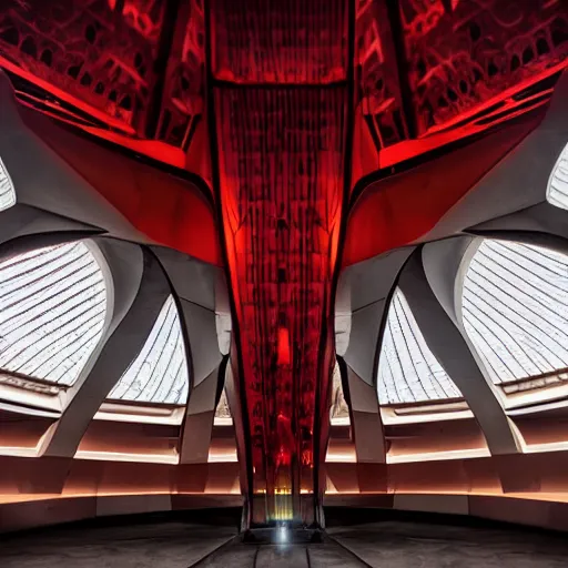 Prompt: eerie dark interior of a futuristic lotus temple space station with gold, red and white marble panels, beams of sunlight in the centre, in the desert, by buckminster fuller and syd mead, intricate contemporary architecture with art nouveau motifs, photo journalism, photography, cinematic, national geographic photoshoot