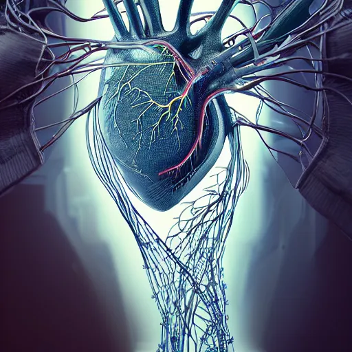 Image similar to a human heart, revealing wires and electronics, arteries, veins, sci - fi, missing panels, intricate abstract upper body intricate artwork, concept art, octane render, deviantart, cinematic, key art, hyperrealism, iridescent accents, portrait photograph, nikon 3 5 mm, photograph by greg rutkowski