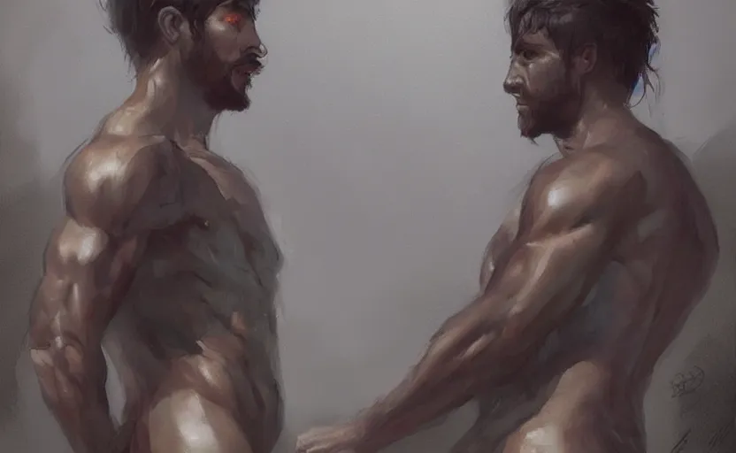 Prompt: a painting of arkul trending on artstation in the style of greg rutkowski, beautiful, male, sensual, natural skin, muscular