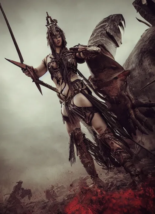 Prompt: movie frame with polish warrior princess fights barbarians, vertical composition, inspired by monster hunter and dark fantasy and fashion, beautiful body, dirty brutal blooded symmetrical face, brutal bloody sluty make up, epic,dramatic lighting, cinematic, establishing shot, extremely high detail, photorealistic, brutal, provocative , cinematic lighting, artstation, octane render, dark fantasy ,old photo, vintage, black and white, Boris vallejo, sepia, old photography, documentary photography