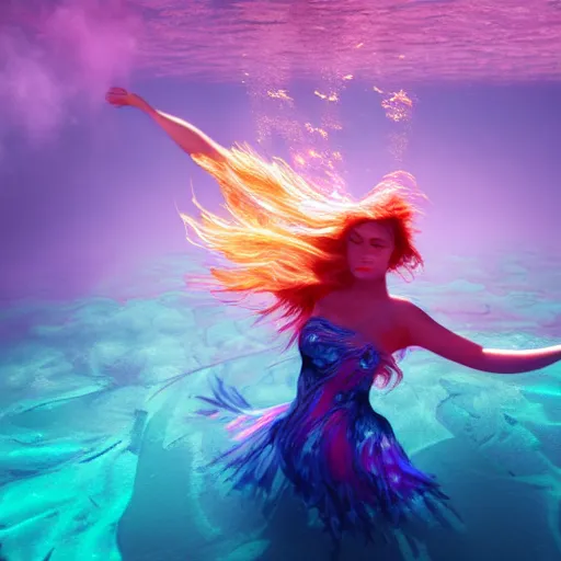 Image similar to woman dancing underwater on alien planet wearing a flowing dress made of blue, magenta, and yellow seaweed, delicate coral sea bottom, swirling silver fish, swirling smoke shapes, unreal engine, caustics lighting from above, cinematic