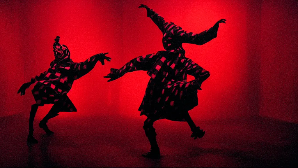 Image similar to a scary jester dances in a black and red checkered room, film still from the movie directed by Denis Villeneuve with art direction by Zdzisław Beksiński, wide lens