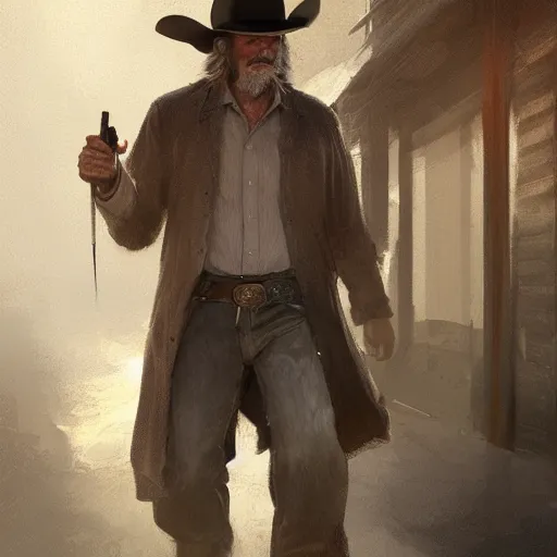 Image similar to portrait of a man with a long duster, grey hair and a cowboy hat walking in an old west town, harsh good looking face, middle aged, drawn by Ruan Jia, disco elysium style, fantasy art, dramatic lighting, digital art, 8k, highly detailed