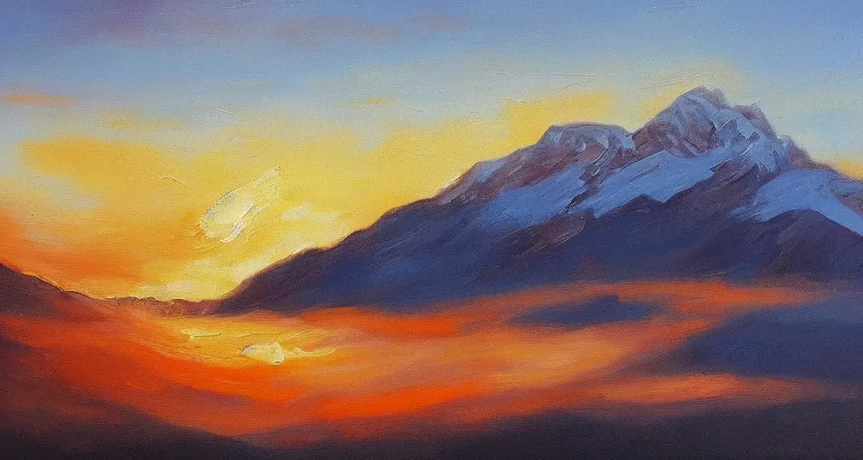 Image similar to landscape painting of snowy mountains at sunset, beautiful painting, oil on canvas, golden hour, by Ewa Czarniecka, award winning masterpiece,