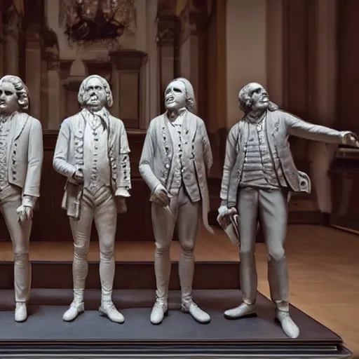 Image similar to mozart and beethoven and bach and liszt all standing next to each other, they're all statues, octane render, 8 k, highly detailed, hyper - realistic.