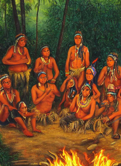 Prompt: a beautiful painting of an indigenous tribe around a fire in the jungle