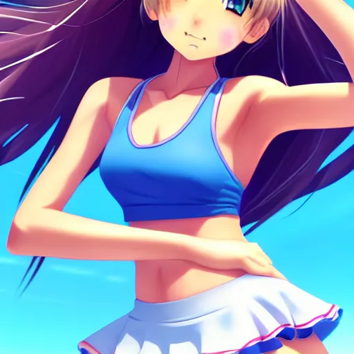 Image similar to a very beautiful young anime tennis girl, full body, long wavy blond hair, sky blue eyes, ( ( ( full round face ) ) ), short smile, bikini, miniskirt, front view, mid - shot, highly detailed, cinematic wallpaper by stanley artgerm lau