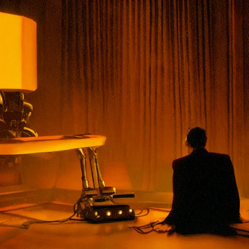 Image similar to movie scene of a man with a robot head, movie still, cinematic composition, cinematic light, criterion collection, reimagined by industrial light and magic, Movie by David Lynch and andrzej zulawski