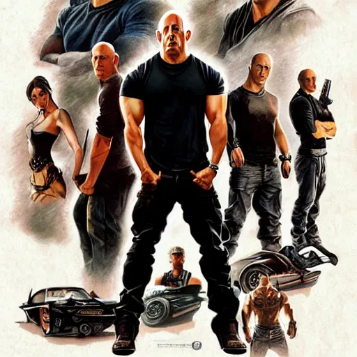 Image similar to A group photo of the Fast and Furious cast but it's all Vin Diesel, western, D&D, fantasy, intricate, elegant, highly detailed, digital painting, artstation, concept art, matte, sharp focus, illustration, art by Artgerm and Greg Rutkowski and Alphonse Mucha